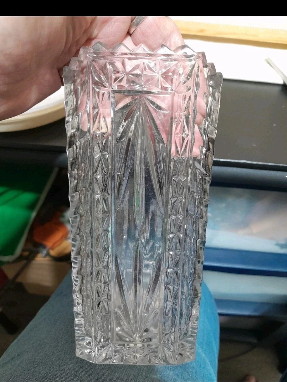 Vintage Clear Cut Glass Vase with Plum Accent and Bird Motif